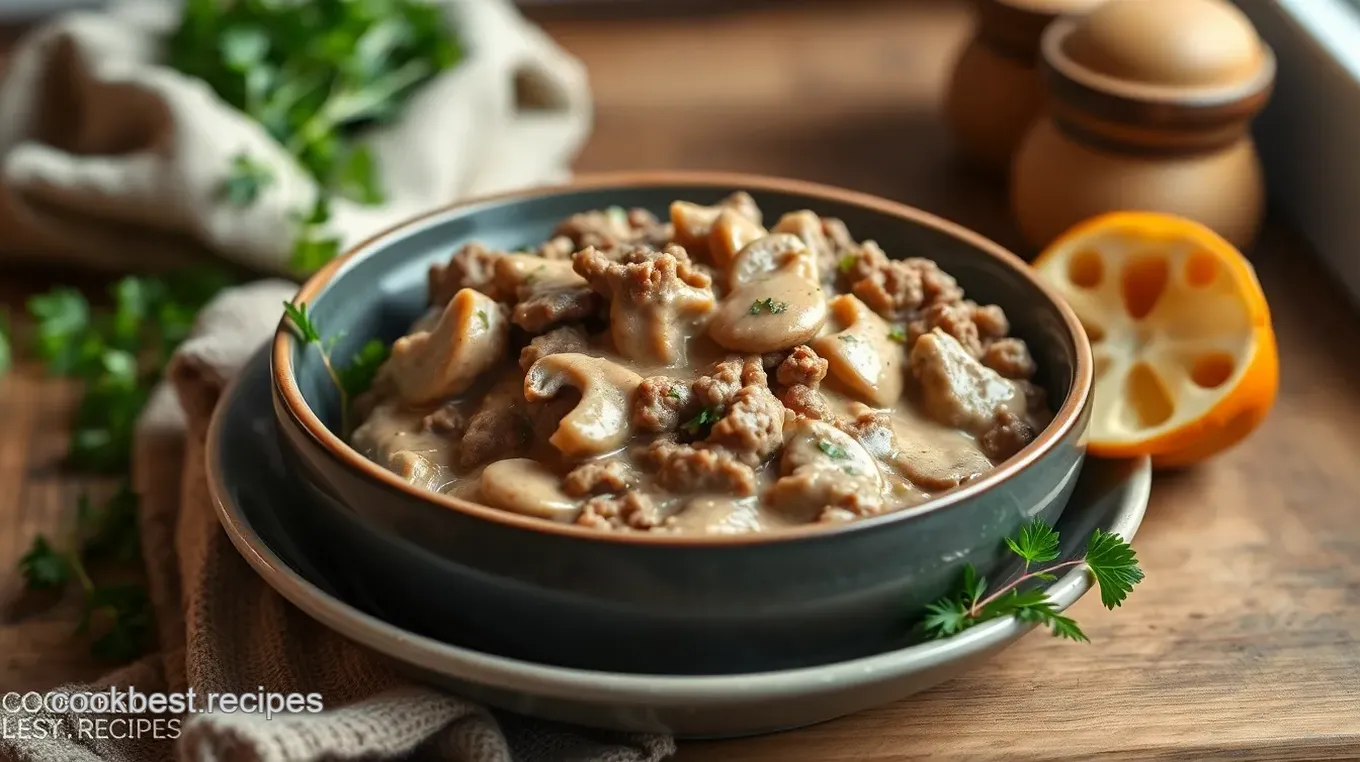 Cooked Ground Beef in Creamy Mushroom Sauce