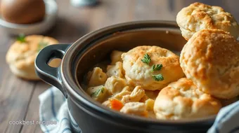 Easy Hearty Crock Pot Chicken Pot Pie with Fluffy Biscuits recipe card