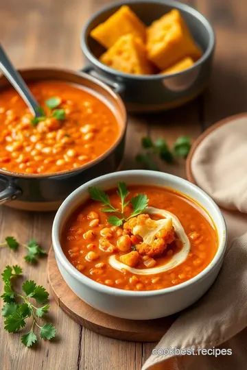 Stovetop Red Lentil Soup with Crispy Cauliflower presentation